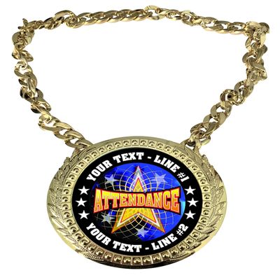 Express Medals Custom Attendance Champ Chain Trophy with 2 Lines of Personalized Text on a Large Rigid Plastic Award Medal and 34 Inch Long Gold Color Neck Chain. FCL406