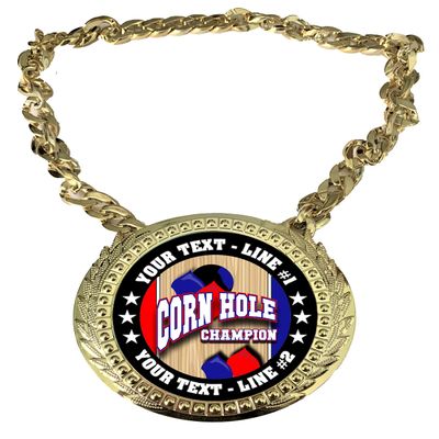 Express Medals Custom Cornhole Champ Chain Trophy with 2 Lines of Personalized Text on a Large Rigid Plastic Award Medal and 34 Inch Long Gold Color Neck Chain. Cornhole