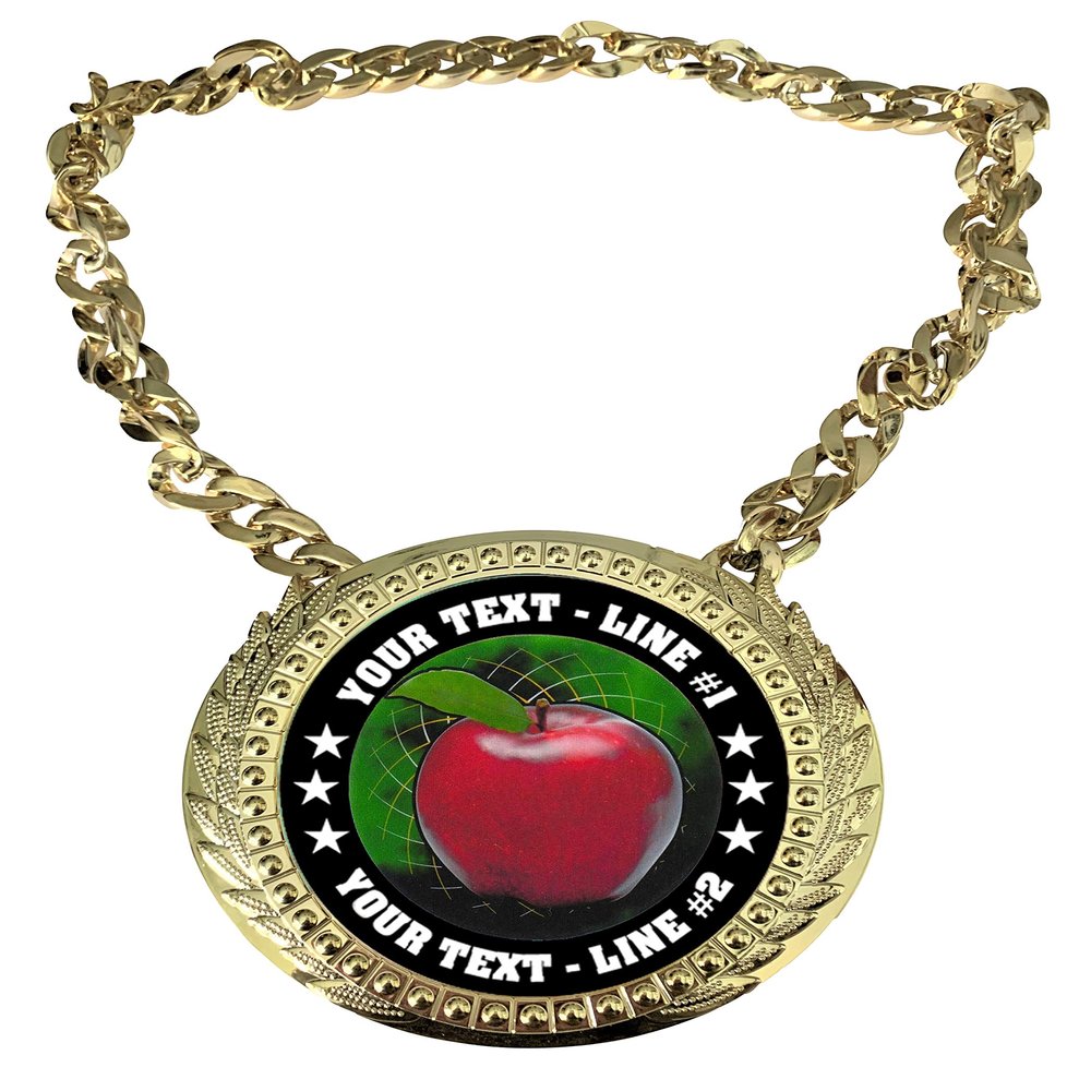 Express Medals Custom Apple Teacher Best Gift Champ Chain Trophy with 2 Lines of Personalized Text on a Large Rigid Plastic Award Medal and 34 Inch Long Gold Color Neck Chain. FCL403