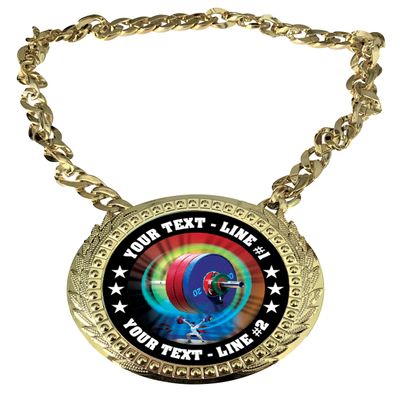 Express Medals Custom Weight Lifter Lifting Champ Chain Trophy with 2 Lines of Personalized Text on a Large Rigid Plastic Award Medal and 34 Inch Long Gold Color Neck Chain. MY484