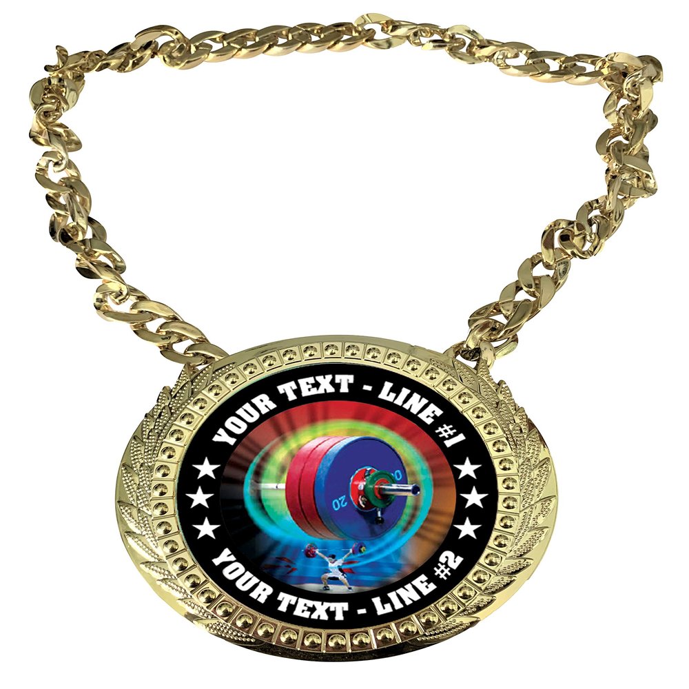 Express Medals Custom Weight Lifter Lifting Champ Chain Trophy with 2 Lines of Personalized Text on a Large Rigid Plastic Award Medal and 34 Inch Long Gold Color Neck Chain. MY484