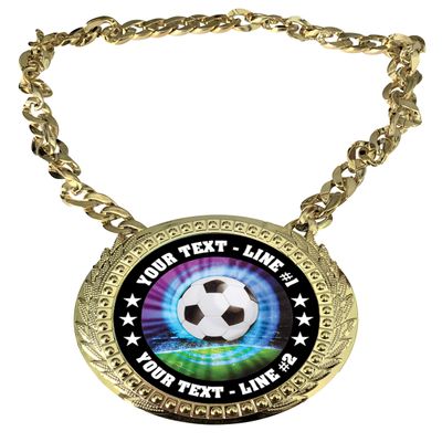 Express Medals Custom Soccer Champ Chain Trophy with 2 Lines of Personalized Text on a Large Rigid Plastic Award Medal and 34 Inch Long Gold Color Neck Chain. MY446