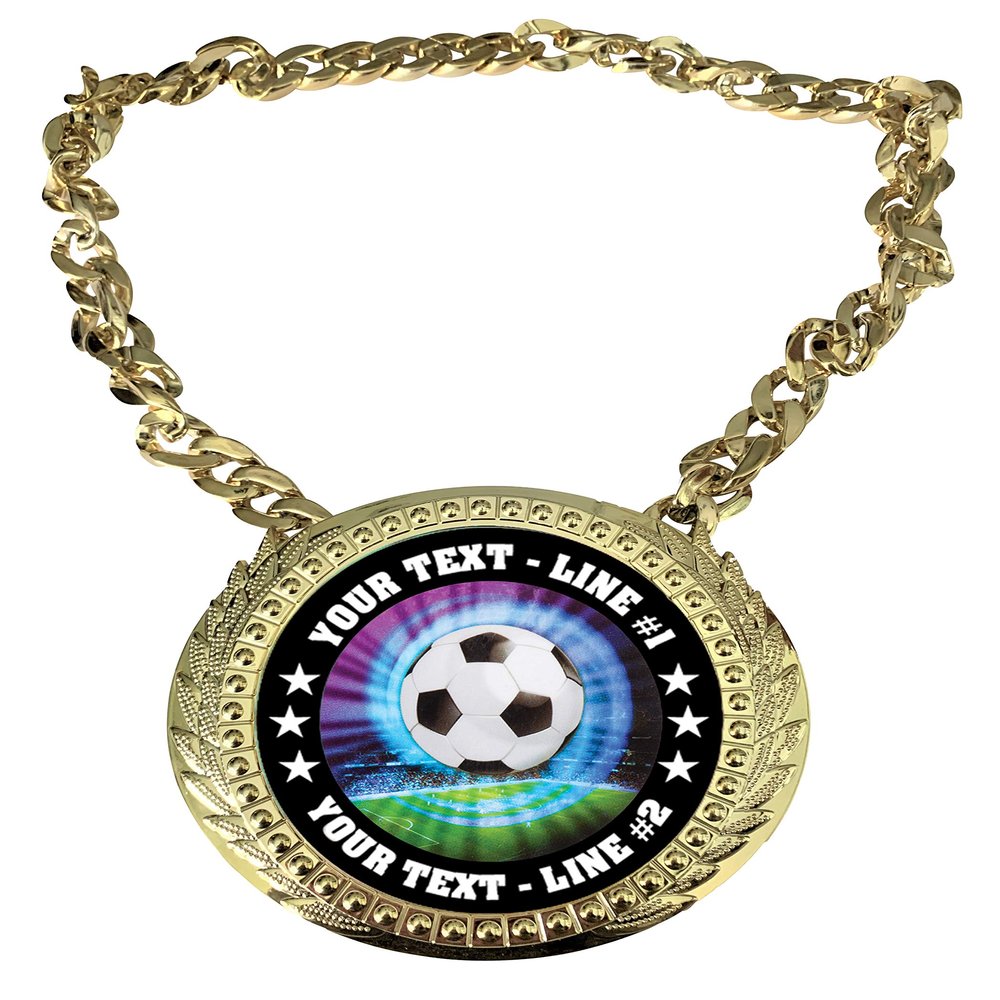 Express Medals Custom Soccer Champ Chain Trophy with 2 Lines of Personalized Text on a Large Rigid Plastic Award Medal and 34 Inch Long Gold Color Neck Chain. MY446