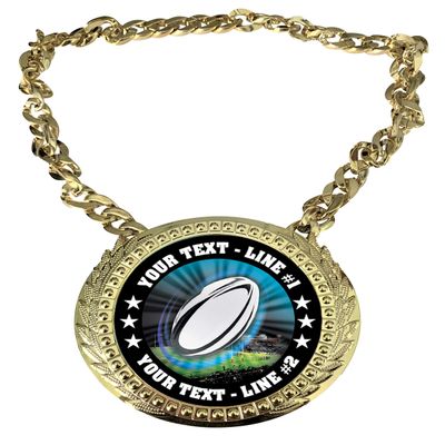 Express Medals Custom Rugby Champ Chain Trophy with 2 Lines of Personalized Text on a Large Rigid Plastic Award Medal and 34 Inch Long Gold Color Neck Chain. MY486