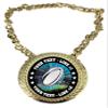 Express Medals Custom Rugby Champ Chain Trophy with 2 Lines of Personalized Text on a Large Rigid Plastic Award Medal and 34 Inch Long Gold Color Neck Chain. MY486 view 1
