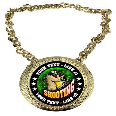 Express Medals Custom Shotgun Shooting Champ Chain Trophy with 2 Lines of Personalized Text on a Large Rigid Plastic Award Medal and 34 Inch Long Gold Color Neck Chain. FCL535