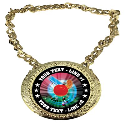 Express Medals Custom Field Hockey Champ Chain Trophy with 2 Lines of Personalized Text on a Large Rigid Plastic Award Medal and 34 Inch Long Gold Color Neck Chain. MY473