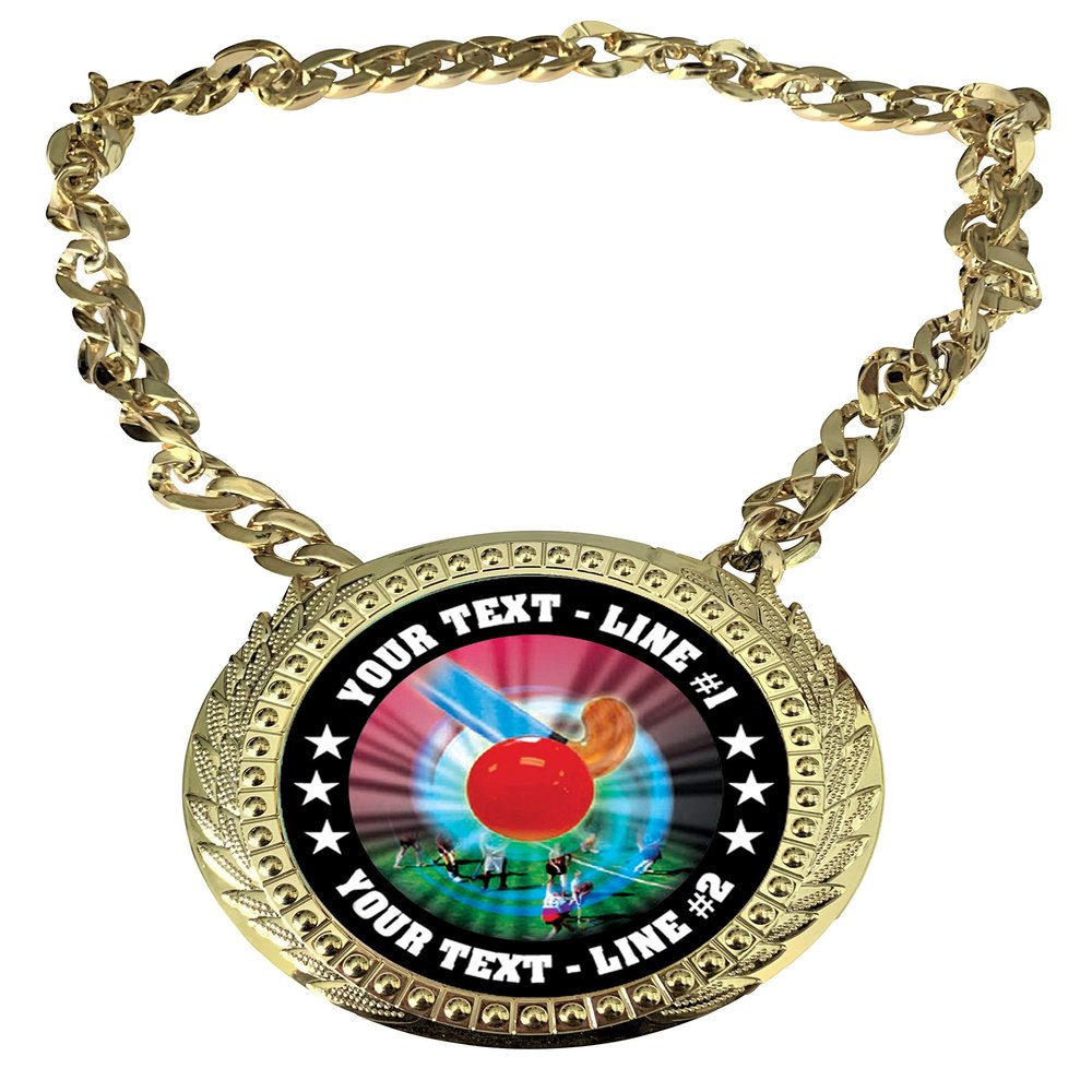 Express Medals Custom Field Hockey Champ Chain Trophy with 2 Lines of Personalized Text on a Large Rigid Plastic Award Medal and 34 Inch Long Gold Color Neck Chain. MY473