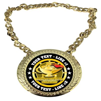 Express Medals Custom Principal's Award Champ Chain Trophy with 2 Lines of Personalized Text on a Large Rigid Plastic Award Medal and 34 Inch Long Gold Color Neck Chain. FCL531