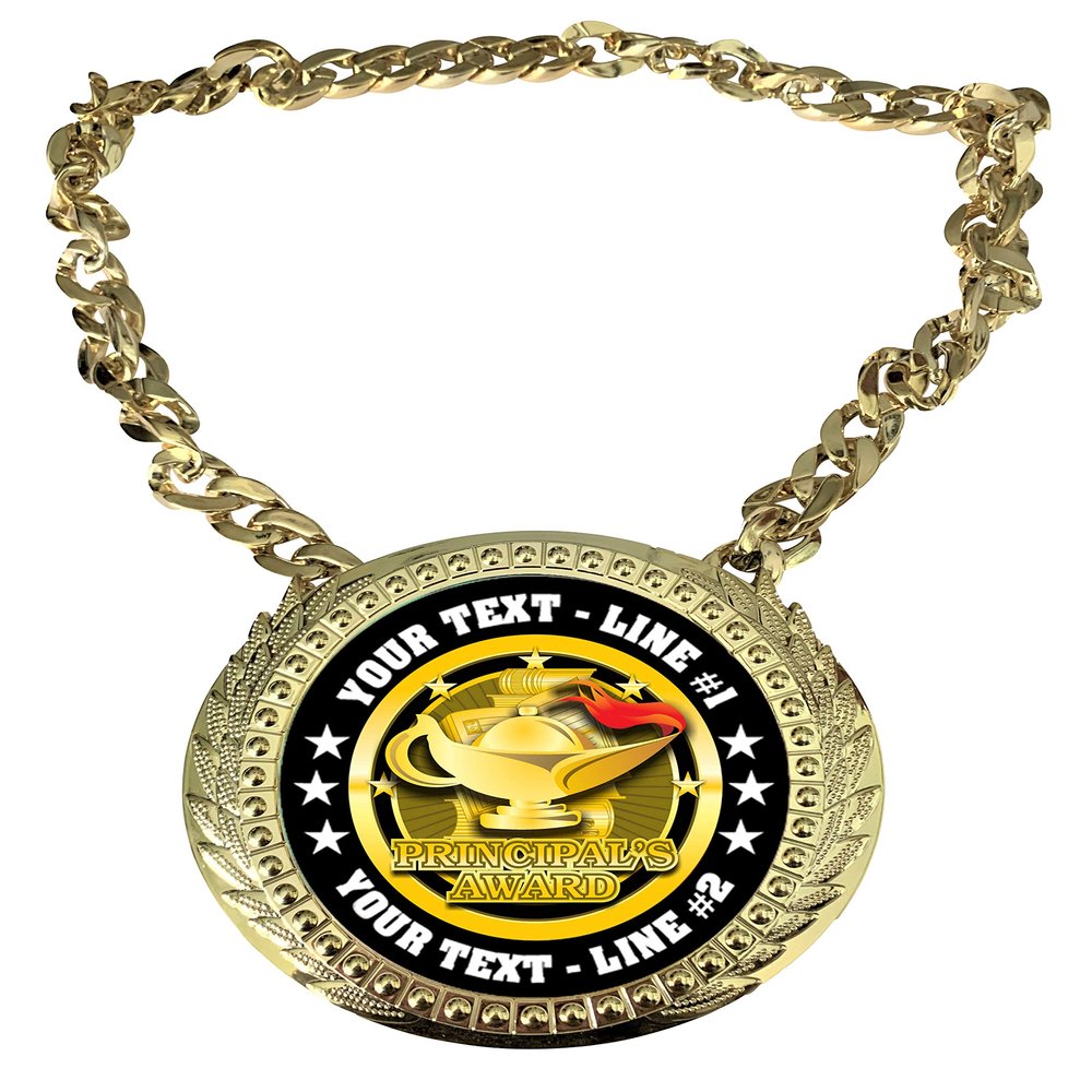 Express Medals Custom Principal's Award Champ Chain Trophy with 2 Lines of Personalized Text on a Large Rigid Plastic Award Medal and 34 Inch Long Gold Color Neck Chain. FCL531