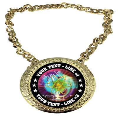Express Medals Custom Science Fair Project Champ Chain Trophy with 2 Lines of Personalized Text on a Large Rigid Plastic Award Medal and 34 Inch Long Gold Color Neck Chain. MY438