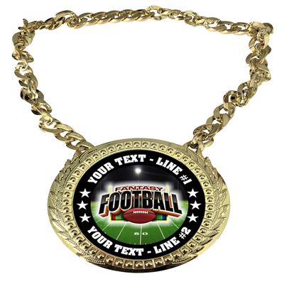 Express Medals Custom Fantasy Football Champ Chain Trophy with 2 Lines of Personalized Text on a Large Rigid Plastic Award Medal and 34 Inch Long Gold Color Neck Chain. FCL473