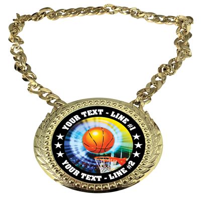 Express Medals Custom Basketball Champ Chain Trophy with 2 Lines of Personalized Text on a Large Rigid Plastic Award Medal and 34 Inch Long Gold Color Neck Chain. MY406