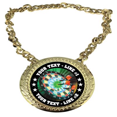 Express Medals Custom Darts Champ Chain Trophy with 2 Lines of Personalized Text on a Large Rigid Plastic Award Medal and 34 Inch Long Gold Color Neck Chain. MY418