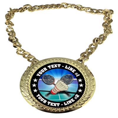 Express Medals Custom Badminton Champ Chain Trophy with 2 Lines of Personalized Text on a Large Rigid Plastic Award Medal and 34 Inch Long Gold Color Neck Chain. FCL409