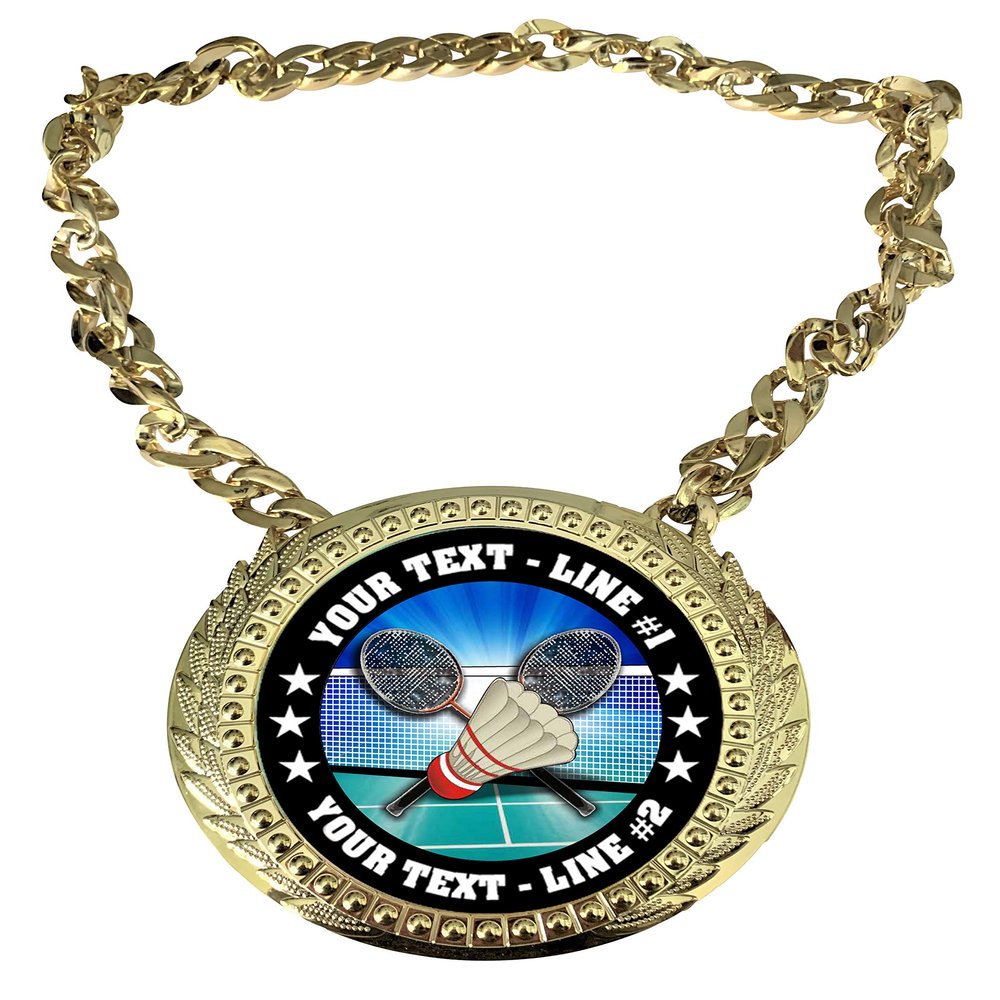 Express Medals Custom Badminton Champ Chain Trophy with 2 Lines of Personalized Text on a Large Rigid Plastic Award Medal and 34 Inch Long Gold Color Neck Chain. FCL409