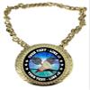Express Medals Custom Badminton Champ Chain Trophy with 2 Lines of Personalized Text on a Large Rigid Plastic Award Medal and 34 Inch Long Gold Color Neck Chain. FCL409 view 1