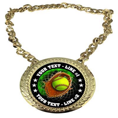Express Medals Custom Softball Champ Chain Trophy with 2 Lines of Personalized Text on a Large Rigid Plastic Award Medal and 34 Inch Long Gold Color Neck Chain. FCL546