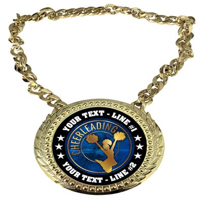 Express Medals Custom Cheerleading Champ Chain Trophy with 2 Lines of Personalized Text on a Large Rigid Plastic Award Medal and 34 Inch Long Gold Color Neck Chain. EG16