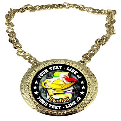 Express Medals Custom Reading Home School Champ Chain Trophy with 2 Lines of Personalized Text on a Large Rigid Plastic Award Medal and 34 Inch Long Gold Color Neck Chain. FCL424
