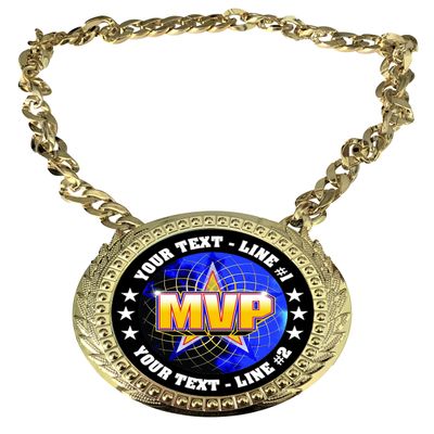 Express Medals Custom MVP Most Valuable Player Champ Chain Trophy with 2 Lines of Personalized Text on a Large Rigid Plastic Award Medal and 34 Inch Long Gold Color Neck Chain. FCL518