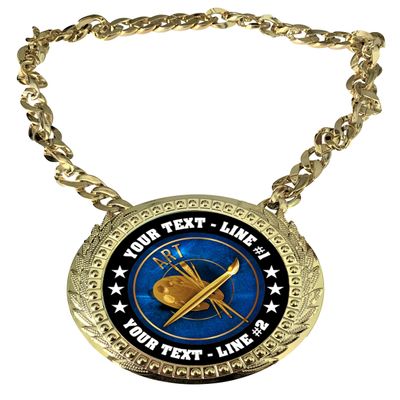 Express Medals Custom Art Champ Chain Trophy with 2 Lines of Personalized Text on a Large Rigid Plastic Award Medal and 34 Inch Long Gold Color Neck Chain. EG8