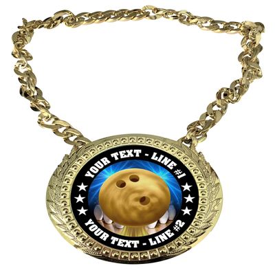 Express Medals Custom Bowling Champ Chain Trophy with 2 Lines of Personalized Text on a Large Rigid Plastic Award Medal and 34 Inch Long Gold Color Neck Chain. D60