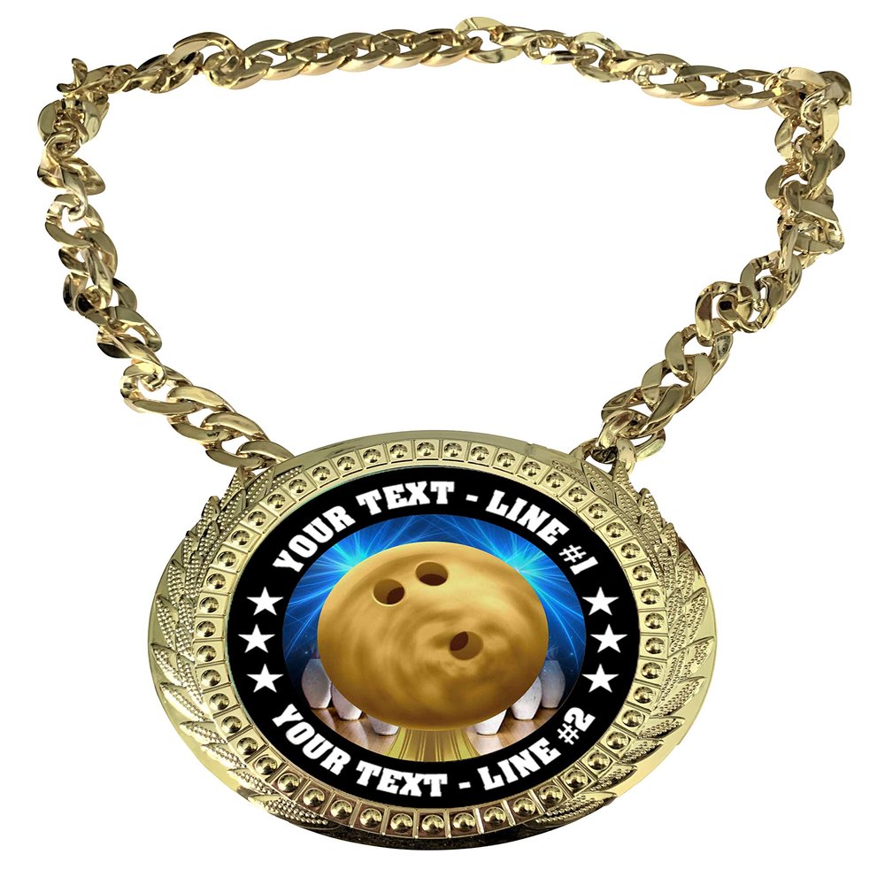 Express Medals Custom Bowling Champ Chain Trophy with 2 Lines of Personalized Text on a Large Rigid Plastic Award Medal and 34 Inch Long Gold Color Neck Chain. D60