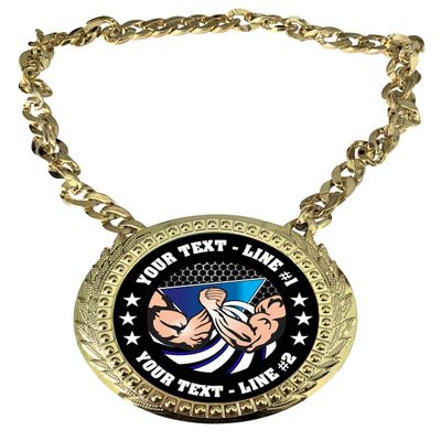 Express Medals Custom Arm Wrestling Champ Chain Trophy with 2 Lines of Personalized Text on a Large Rigid Plastic Award Medal and 34 Inch Long Gold Color Neck Chain. FCL407