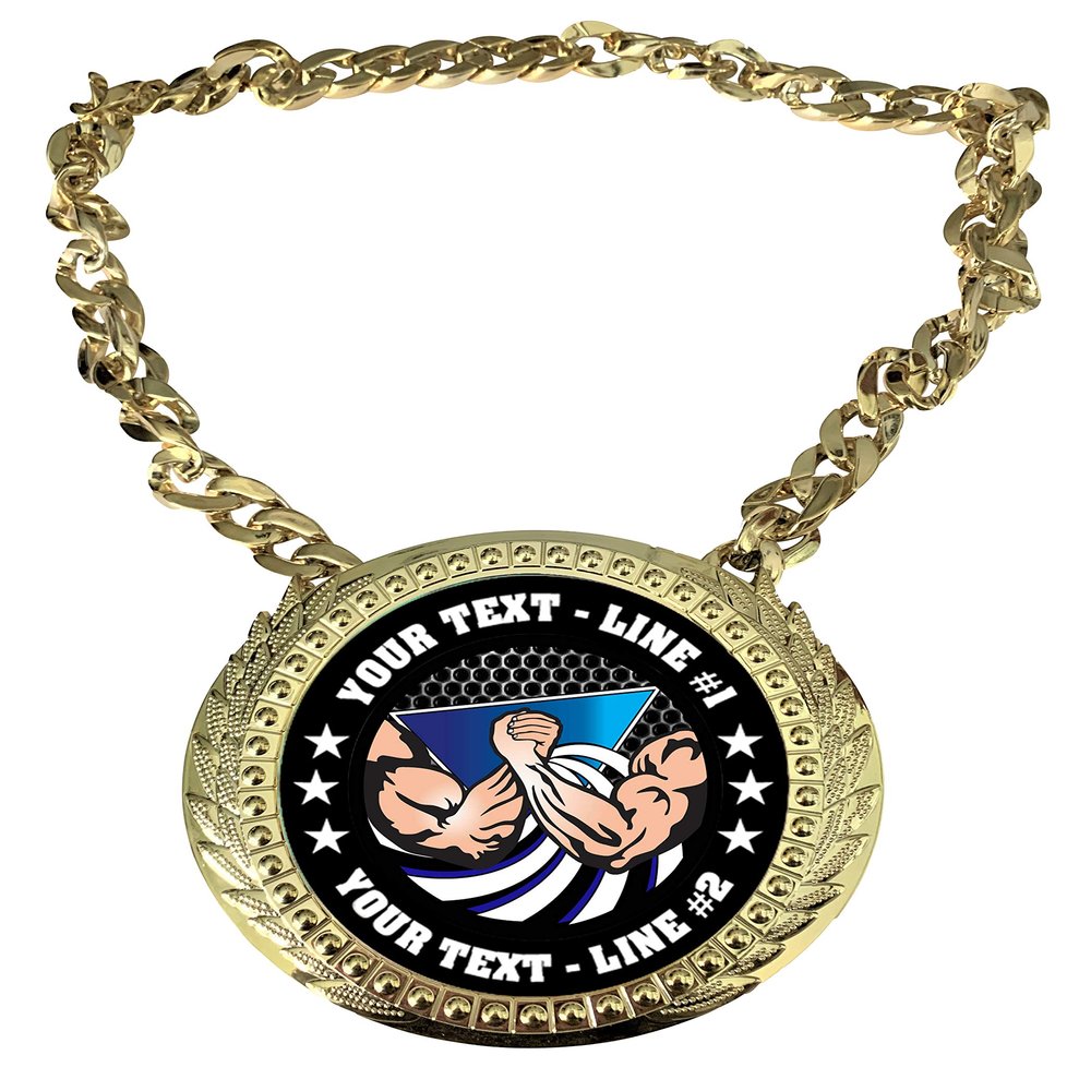 Express Medals Custom Arm Wrestling Champ Chain Trophy with 2 Lines of Personalized Text on a Large Rigid Plastic Award Medal and 34 Inch Long Gold Color Neck Chain. FCL407