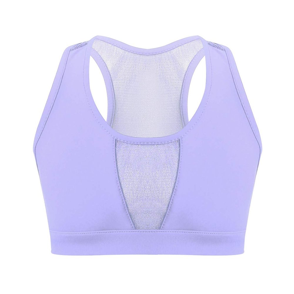 easyforever Kids Girls Stretchy Racer Back Hip Hop Jazz Dance Crop Top Sleeveless Shirt Mesh Splice Yoga Sports Bra Lavender 6 Years
