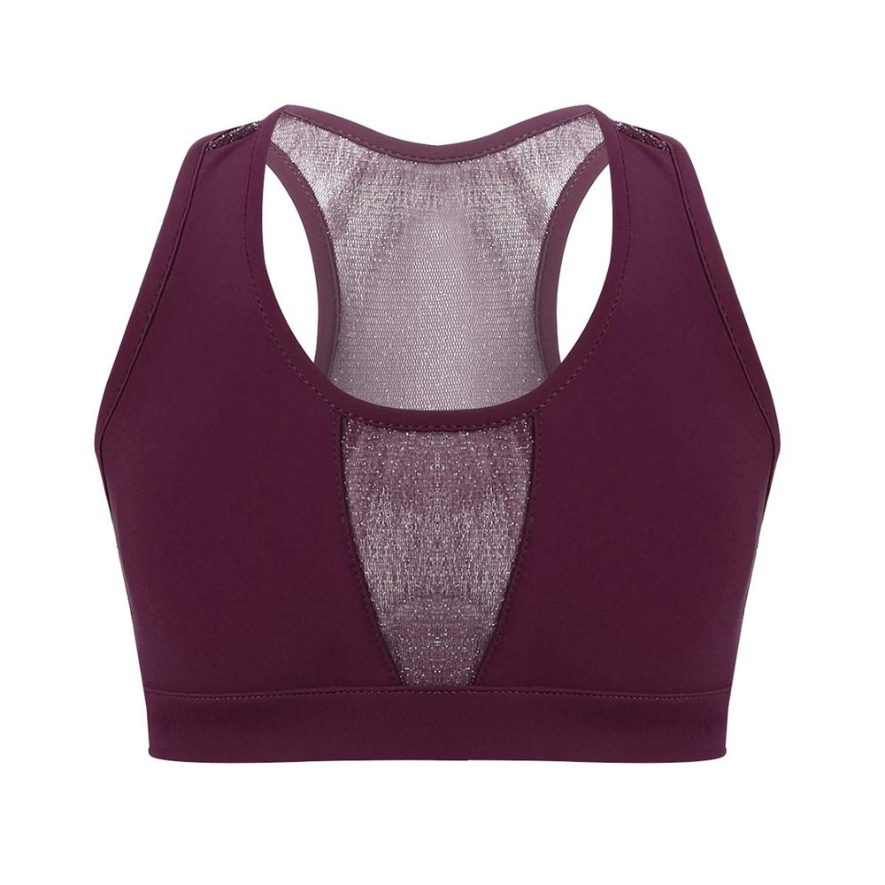 easyforever Kids Girls Stretchy Racer Back Hip Hop Jazz Dance Crop Top Sleeveless Shirt Mesh Splice Yoga Sports Bra Burgundy 12 Years