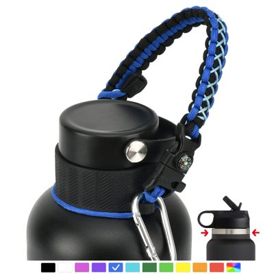 QeeCord Paracord Handle Compatible with Hydro Flask 2.0 Wide Mouth Water Bottle Carrier with New Ring and Carabiner, 12oz, 16oz,18oz, 32oz, 40oz, 64oz (64 oz Wide Mouth, Blue)