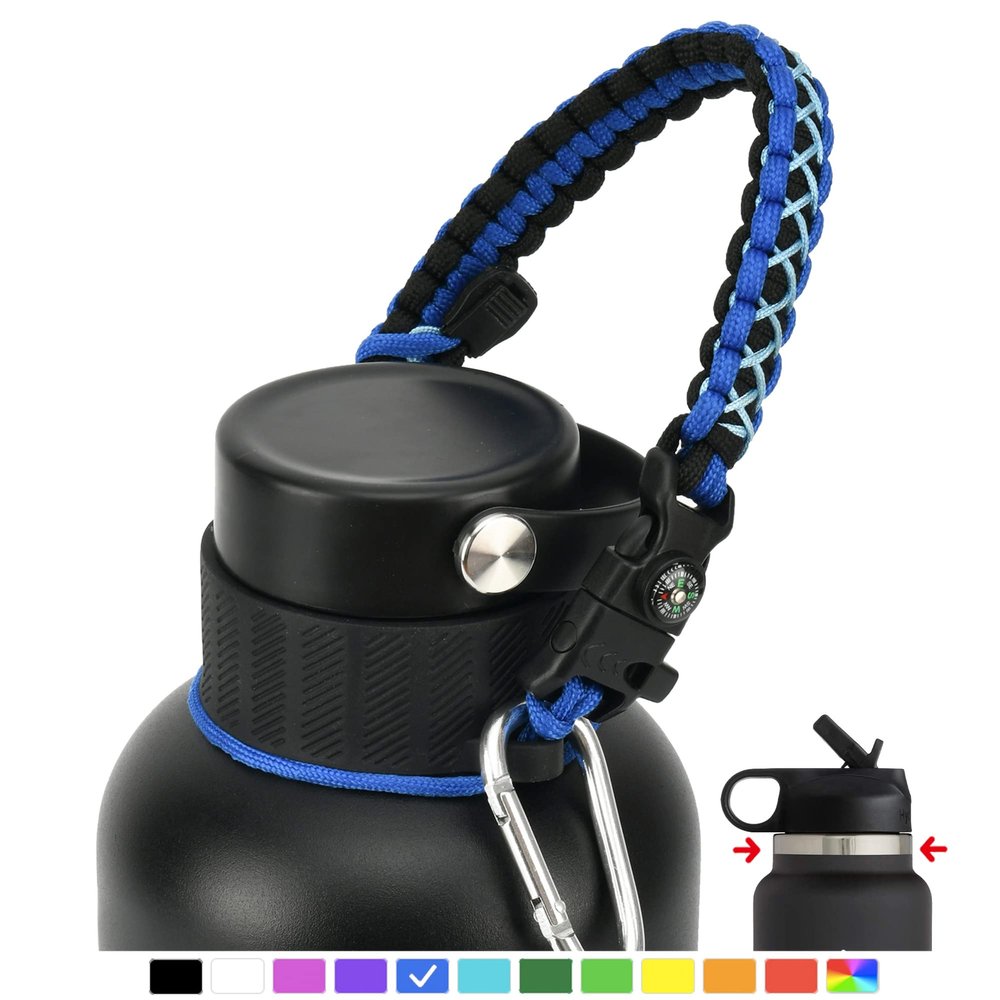 QeeCord Paracord Handle Compatible with Hydro Flask 2.0 Wide Mouth Water Bottle Carrier with New Ring and Carabiner, 12oz, 16oz,18oz, 32oz, 40oz, 64oz (64 oz Wide Mouth, Blue)