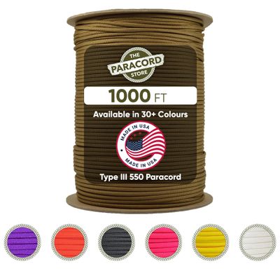 The Paracord Store | Type III 550 Paracord - 1000 FT Spool, Coyote Brown | Heavy Duty 7 Strand Tactical Paracord - USA Made Nylon Outdoor Parachute Cord for Camping, Fishing & More - Survival Cord
