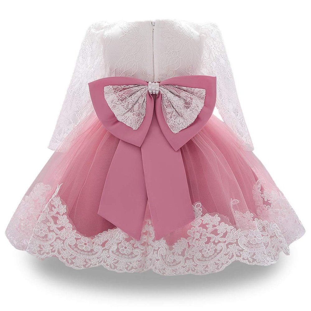 MYRISAM Baby Girls Long Sleeve Lace Dresses Princess 1st Birthday Bowknot Wedding Pageant Christening Baptism Tutu Gown Dusty Rose 6-9M