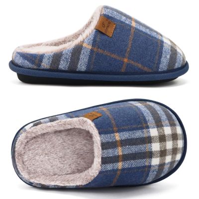 COFACE Mens Blue Flano Plaid Cozy Memory Foam scuff Slippers Slip On Warm House Shoes Indoor/Outdoor With Best Arch Support Size 13