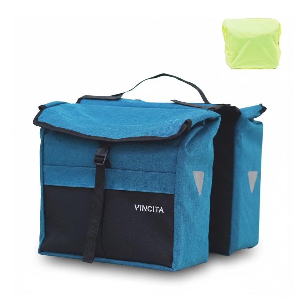 Vincita Double Bike Pannier Bag  12L Top Load Rear Rack Saddlebags  Water-Resistant Commuter Carrier with Rain Cover, Rigid Back & Reflective Trim  Fits Road, Hybrid & E-Bikes (Black/Turquoise)