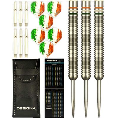 Designa 22g 90% Tungsten Flag of Ireland Fighting Irish Patriot X Steel Tip Dart Set, Flights & Shafts Included (2 Sets Each), w/Travel Case, 22 Grams