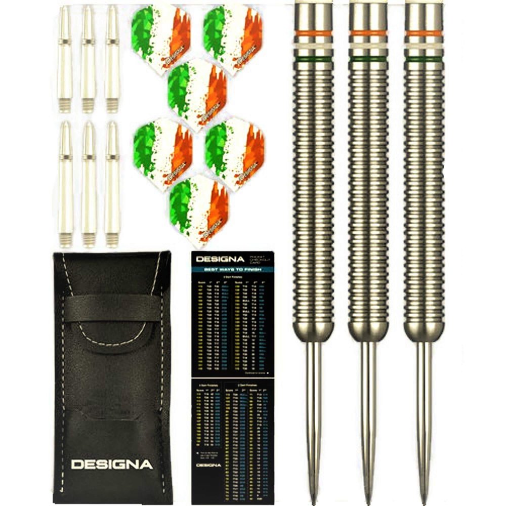 Designa 22g 90% Tungsten Flag of Ireland Fighting Irish Patriot X Steel Tip Dart Set, Flights & Shafts Included (2 Sets Each), w/Travel Case, 22 Grams