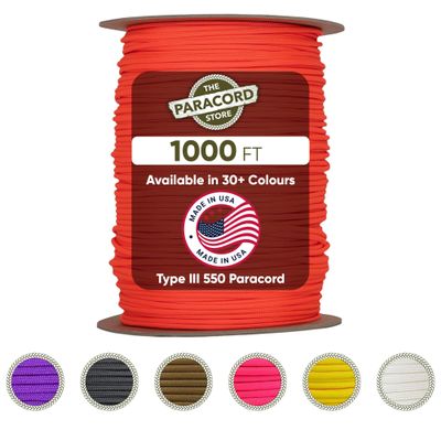 The Paracord Store | Type III 550 Paracord - 1000 FT Spool, Neon Orange | Heavy Duty 7 Strand Tactical Paracord - USA Made Nylon Outdoor Parachute Cord for Camping, Fishing & More - Survival Cord