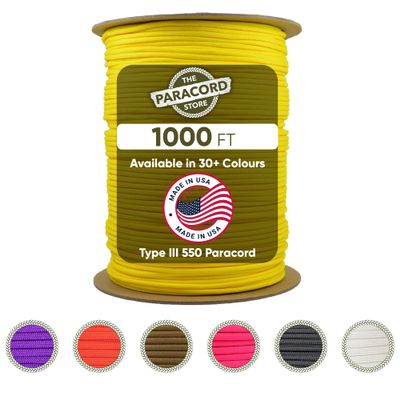 The Paracord Store | Type III 550 Paracord - 1000 FT Spool, Yellow | Heavy Duty 7 Strand Tactical Paracord - USA Made Nylon Outdoor Parachute Cord for Camping, Fishing & More - Survival Cord