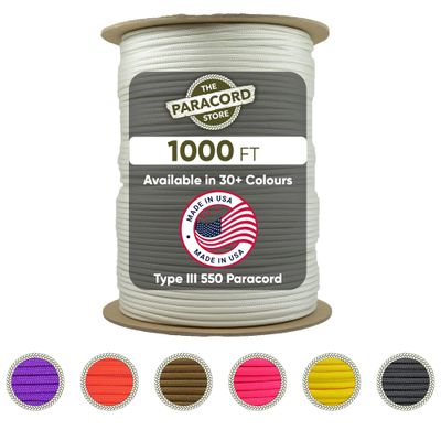 The Paracord Store | Type III 550 Paracord - 1000 FT Spool, White | Heavy Duty 7 Strand Tactical Paracord - USA Made Nylon Outdoor Parachute Cord for Camping, Fishing & More - Survival Cord