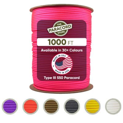 The Paracord Store | Type III 550 Paracord - 1000 FT Spool, Neon Pink | Heavy Duty 7 Strand Tactical Paracord - USA Made Nylon Outdoor Parachute Cord for Camping, Fishing & More - Survival Cord