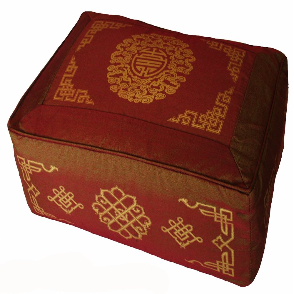 Boon Decor Rectangular Zafu Seat Meditation Cushion Buckwheat and Kapok Fill - Silkscreen Sacred Symbols (Longevity Saffron)