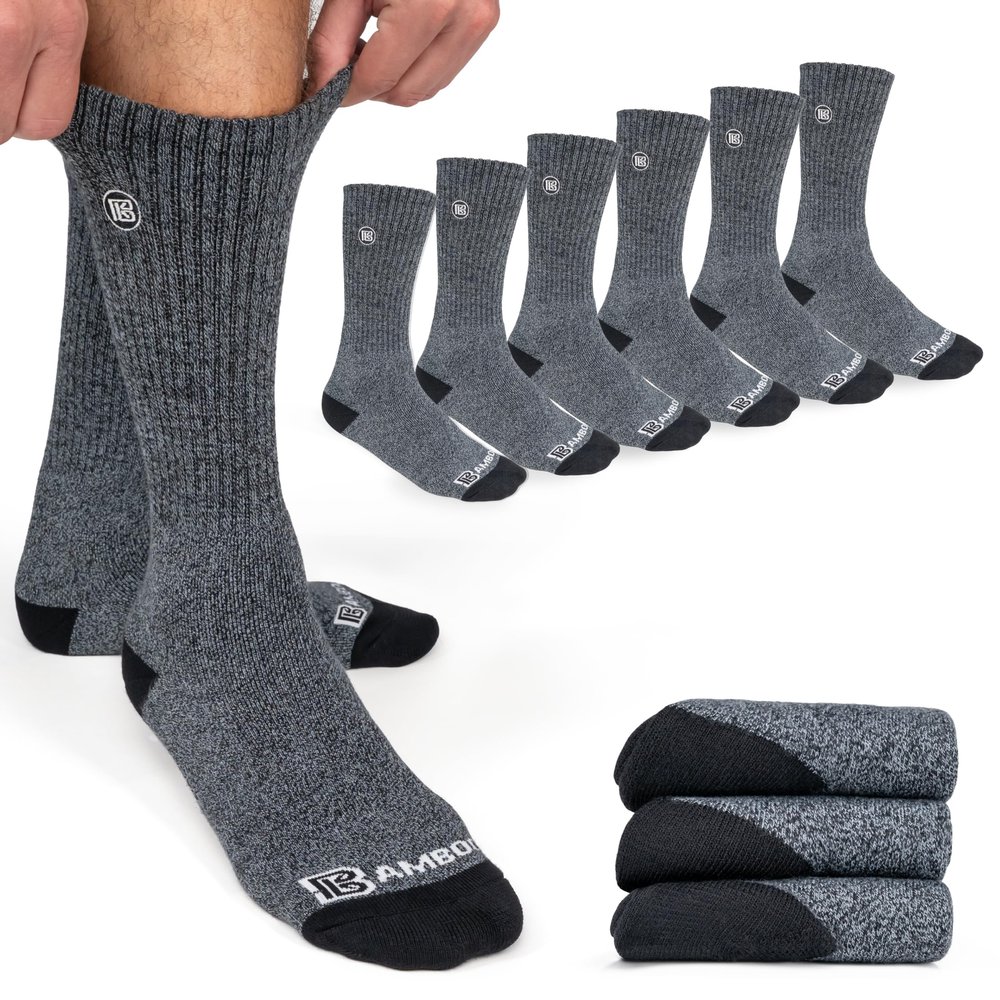 BAMBOO SPORTS Premium Bamboo Rayon Crew Work Socks- Moisture Wicking, Odor Eliminating Heather Gray Crew Socks for Men Size 9-12 - 3 Pair
