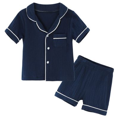 JWWN Kids Short Sleeve Pajama Set 100% Cotton Button Down Sleepwear Little Girls Boys Summer Soft Lounge Set (Navy,4Years)