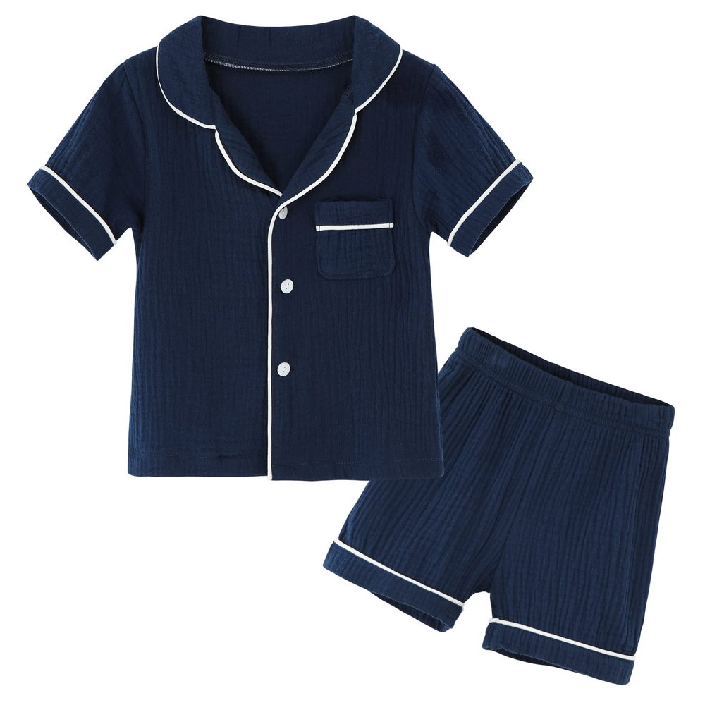 JWWN Kids Short Sleeve Pajama Set 100% Cotton Button Down Sleepwear Little Girls Boys Summer Soft Lounge Set (Navy,4Years)