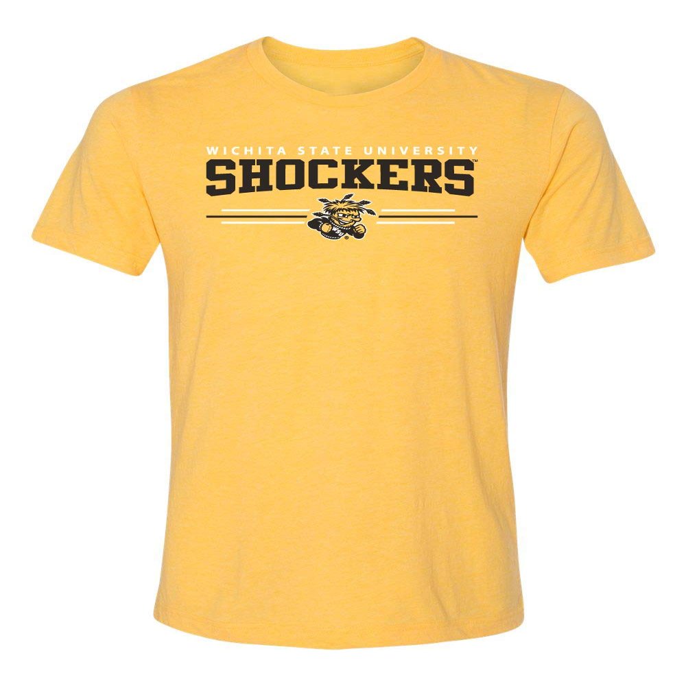 CornBorn Wichita State Shockers Tee Shirt - Premium Tri-Blend Wichita State Shockers 3 Stripe - Yellow - XL