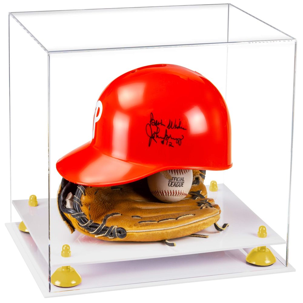 Better Display Cases Versatile Clear Acrylic Display Case - Large Rectangle Box with Yellow Risers and White Base 14.5" x 11" x 12" (V44)